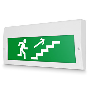 Световое табло «Направление к эвакуационному выходу по лестнице вверх (правосторонний)», Молния (220В РИП)